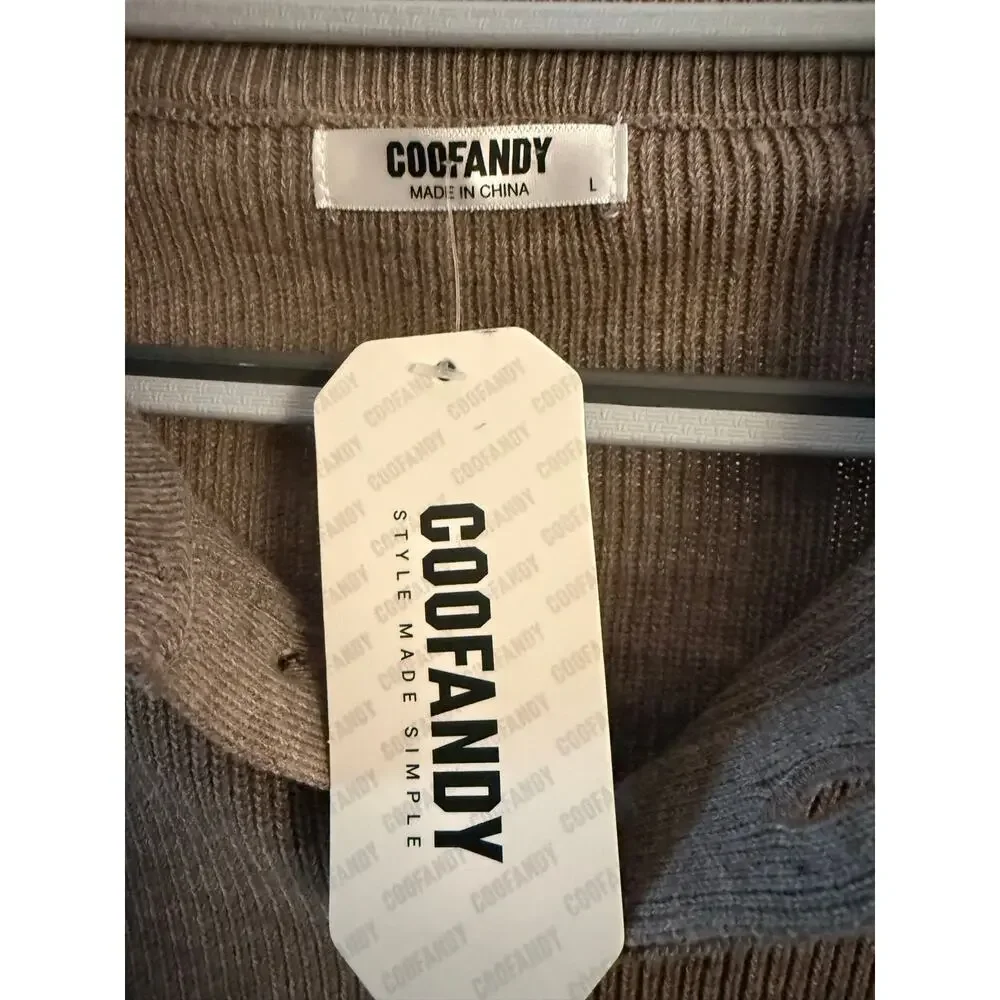 COOFANDY Men’s L Light Brown Henley Knit Sweater 3 Button Pullover NWT